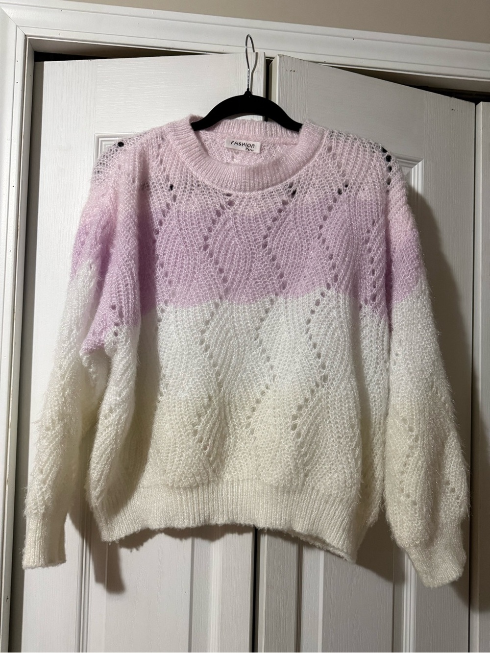 Fashion Paris 4 Tone Shimmering Pink Purple White & Cream Knit Crewneck Sweater